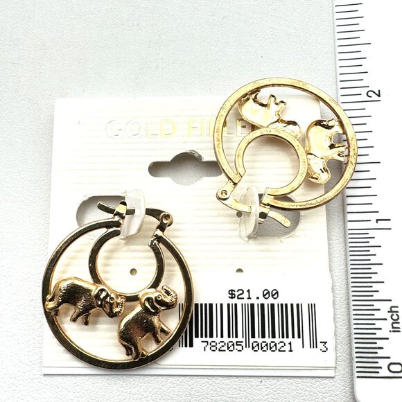 Elephant Yellow Gold Filled Hoops Pierced Chandelier Earrings Original Card NOS - Picture 3 of 3